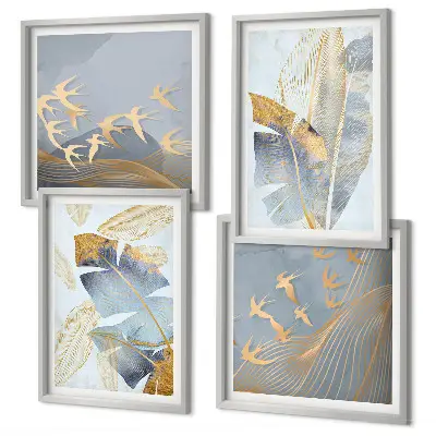 Set de 4 cuadros decorativos para salón con diseño de hojas en tonos azul y beige