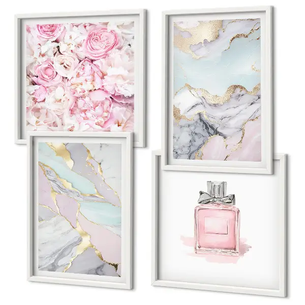 Set de cuadros modernos para salón con diseño de flores rosas y mármol pastel