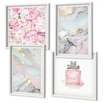 Set de cuadros modernos para salón con diseño de flores rosas y mármol pastel