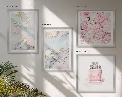 Set de cuadros modernos para salón con diseño de flores rosas y mármol pastel