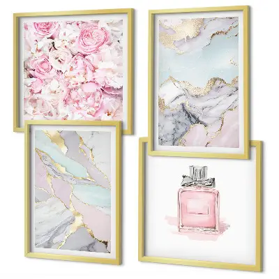 Set de cuadros modernos para salón con diseño de flores rosas y mármol pastel