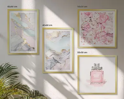Set de cuadros modernos para salón con diseño de flores rosas y mármol pastel