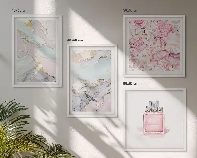 Set de cuadros modernos para salón con diseño de flores rosas y mármol pastel