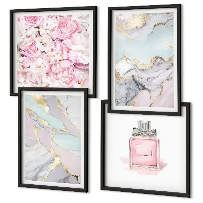 Set de cuadros modernos para salón con diseño de flores rosas y mármol pastel