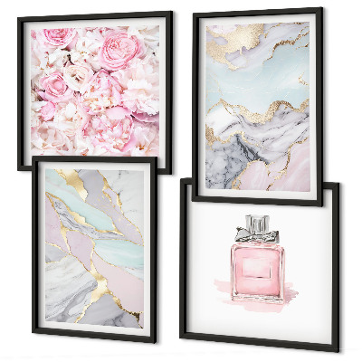 Set de cuadros modernos para salón Flores rosas mármol pastel