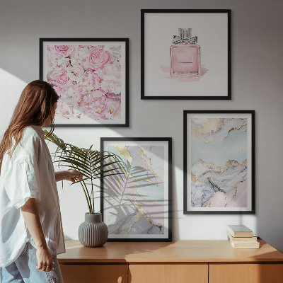 Set de cuadros modernos para salón Flores rosas mármol pastel