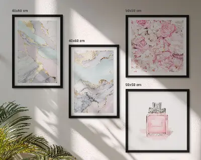 Set de cuadros modernos para salón con diseño de flores rosas y mármol pastel