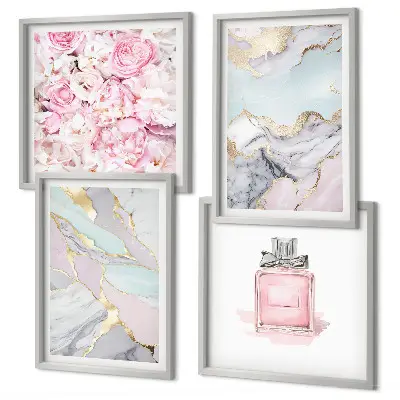 Set de cuadros modernos para salón con diseño de flores rosas y mármol pastel