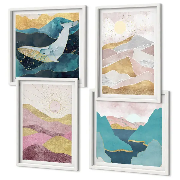 Set de 4 cuadros de montañas abstractas con sol decoración para salón