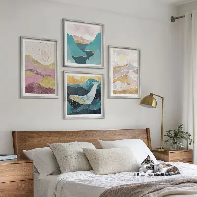 Set de 4 cuadros de montañas abstractas con sol decoración para salón