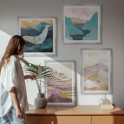 Set de 4 cuadros de montañas abstractas con sol decoración para salón