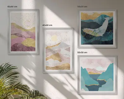 Set de 4 cuadros de montañas abstractas con sol decoración para salón