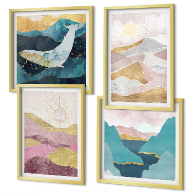 Set de 4 cuadros para salón Montañas abstractas sol
