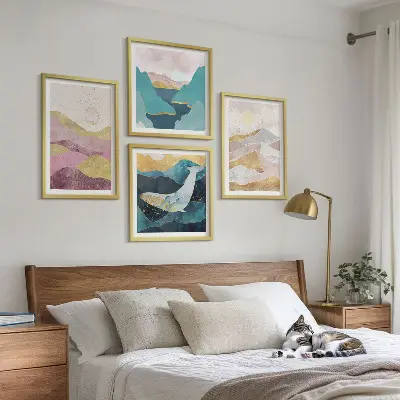 Set de 4 cuadros de montañas abstractas con sol decoración para salón