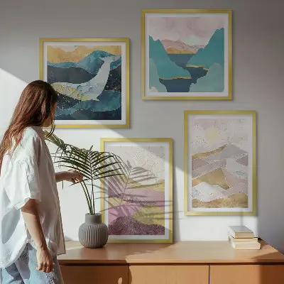 Set de 4 cuadros de montañas abstractas con sol decoración para salón