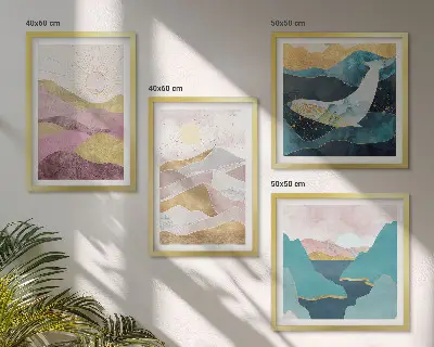 Set de 4 cuadros de montañas abstractas con sol decoración para salón
