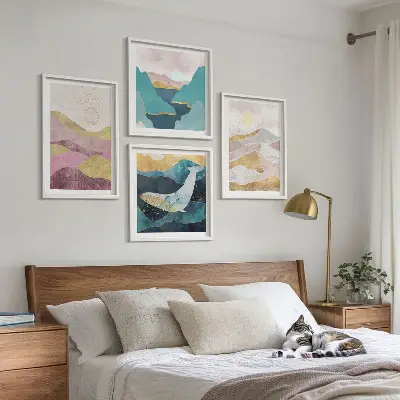 Set de 4 cuadros de montañas abstractas con sol decoración para salón