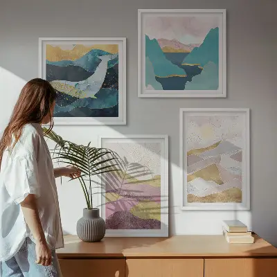 Set de 4 cuadros de montañas abstractas con sol decoración para salón