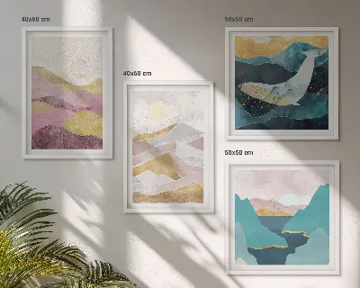 Set de 4 cuadros de montañas abstractas con sol decoración para salón