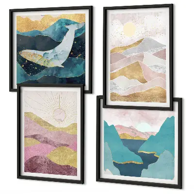 Set de 4 cuadros de montañas abstractas con sol decoración para salón