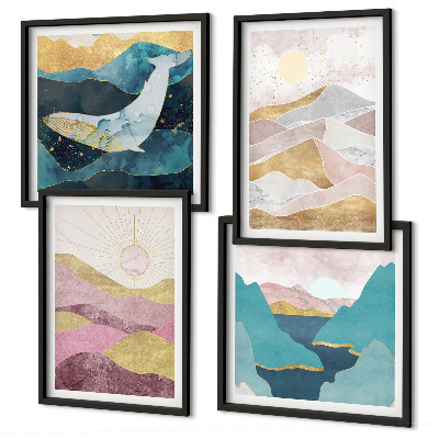 Set de 4 cuadros para salón Montañas abstractas sol
