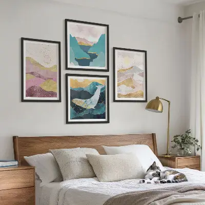 Set de 4 cuadros de montañas abstractas con sol decoración para salón