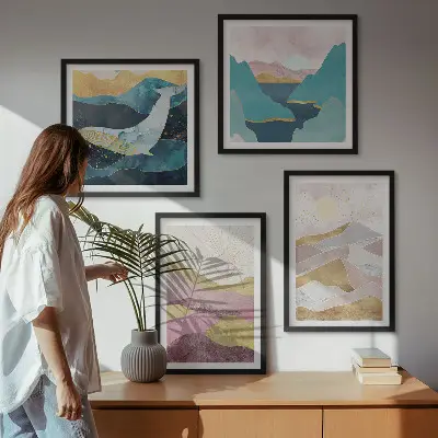 Set de 4 cuadros de montañas abstractas con sol decoración para salón