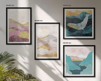 Set de 4 cuadros de montañas abstractas con sol decoración para salón