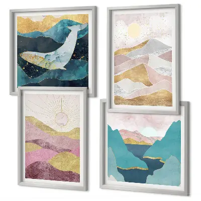 Set de 4 cuadros de montañas abstractas con sol decoración para salón