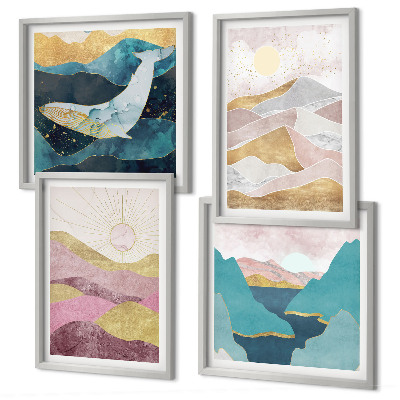 Set de 4 cuadros para salón Montañas abstractas sol