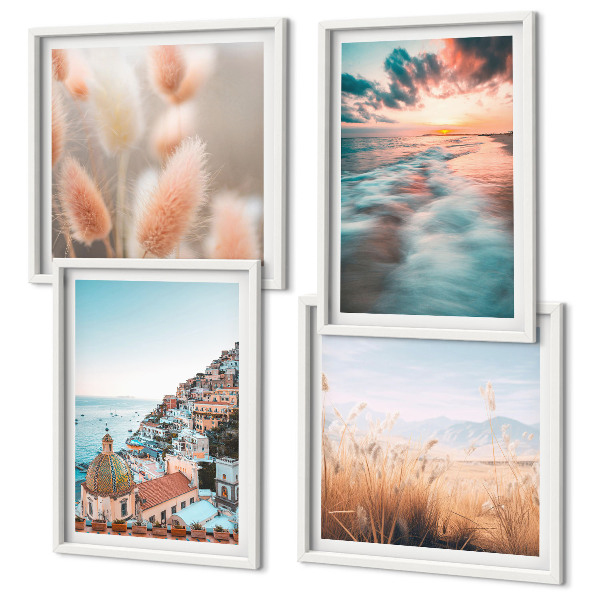 Galería de pared Casas con flores al atardecer en el mar