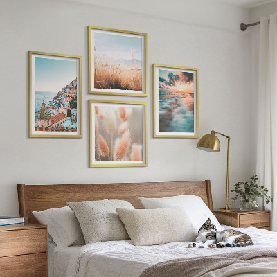 Galería de pared Casas con flores al atardecer en el mar
