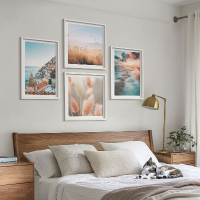 Galería de pared Casas con flores al atardecer en el mar