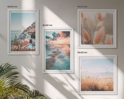 Galería de pared Casas con flores al atardecer en el mar