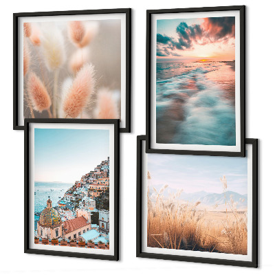 Galería de pared Casas con flores al atardecer en el mar