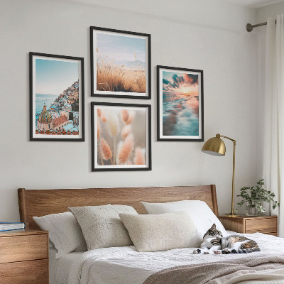Galería de pared Casas con flores al atardecer en el mar
