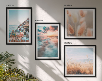 Galería de pared Casas con flores al atardecer en el mar