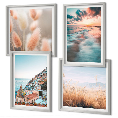 Galería de pared Casas con flores al atardecer en el mar