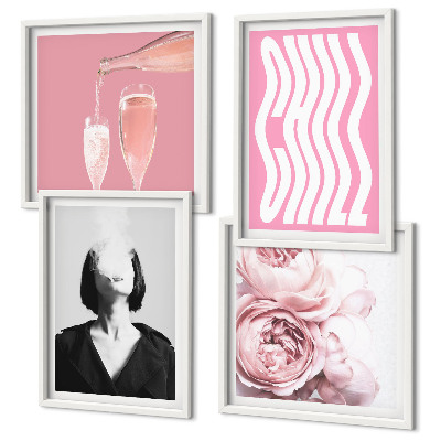 Set de 4 cuadros para salón Retrato elegante con champán