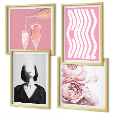 Set de 4 cuadros para salón Retrato elegante con champán