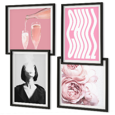 Set de 4 cuadros para salón Retrato elegante con champán