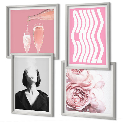 Set de 4 cuadros para salón Retrato elegante con champán