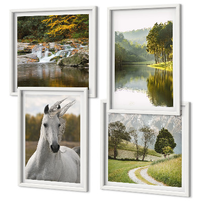 Set de 4 cuadros para salón Caballos blancos río naturaleza