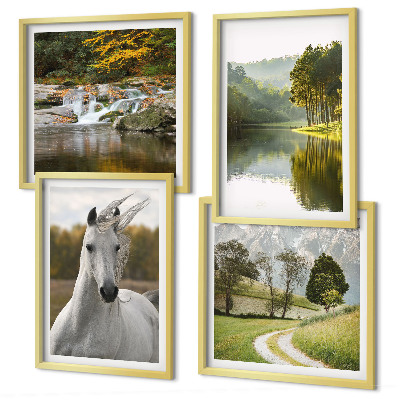 Set de 4 cuadros para salón Caballos blancos río naturaleza