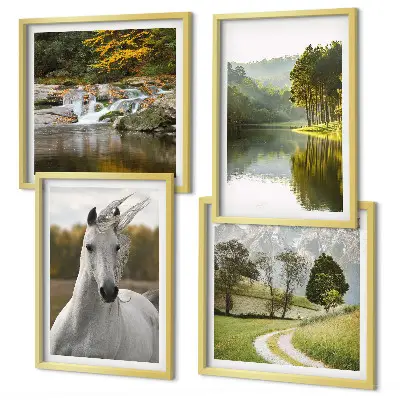 Set de 4 cuadros para salón con diseño de caballos blancos en un río natural