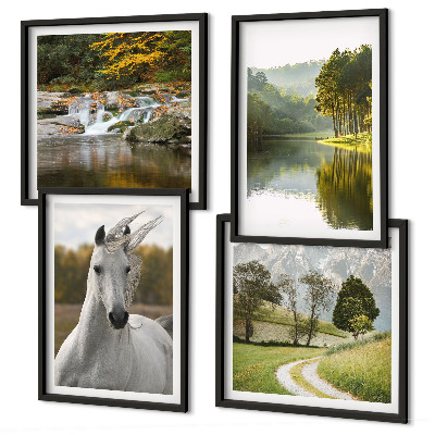 Set de 4 cuadros para salón Caballos blancos río naturaleza