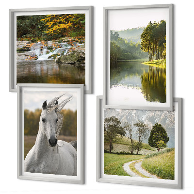 Set de 4 cuadros para salón Caballos blancos río naturaleza