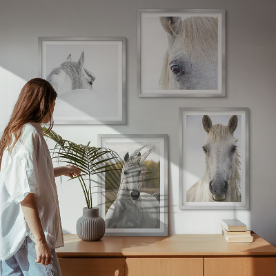 Set de 4 cuadros para salón caballos blancos