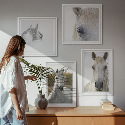 Set de 4 cuadros para salón caballos blancos