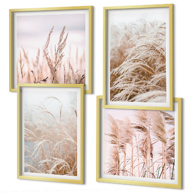 Set de 4 cuadros para salón Campos de hierba en tonos marrones y beige.